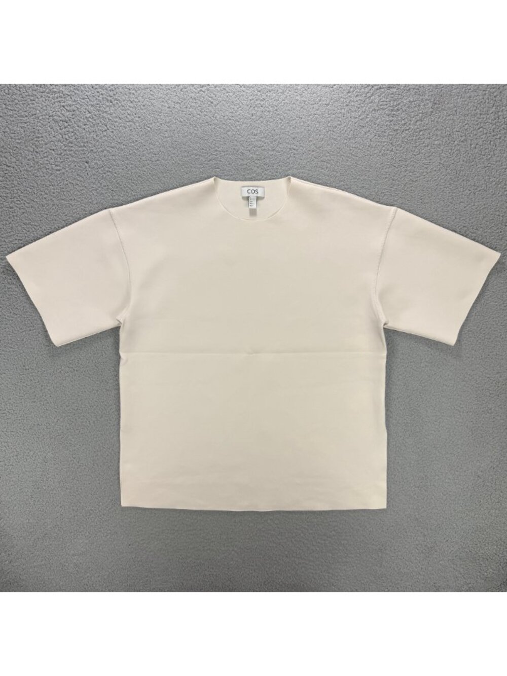 COS Top Womens Medium M Beige Oversized Scuba Boxy T Shirt Side Slit Raw Edge